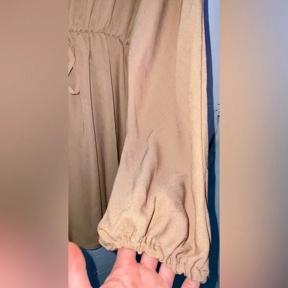 Tan Long Sleeve Dress Medium Empire Waist Collared Balloon Sleeve - Picture 3 of 6